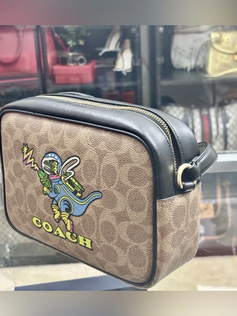Coach Signature Jamie Camera Bag With A Playful  Rexy Dinosaur Print Crossbody.